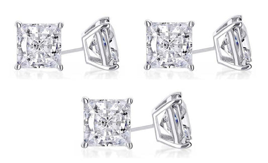 18k White Gold Plated 6mm 2Ct Princess Cut White Sapphire Set Of Three Stud Earrings
