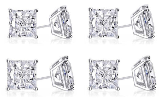 18k White Gold Plated 6mm 2Ct Princess Cut White Sapphire Set Of Four Stud Earrings