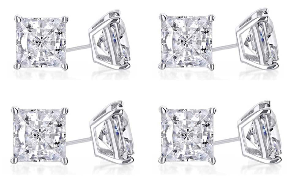 18k White Gold Plated 4mm 4Ct Princess Cut White Sapphire Set Of Four Stud Earrings