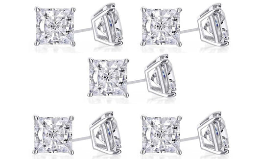 18k White Gold Plated 4Ct Princess Cut White Sapphire Set Of Five Stud Earrings