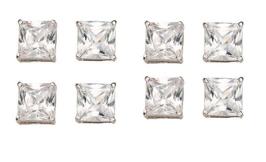 18k White Gold Plated 4Ct Square Cut White Sapphire Set Of Four Stud Earrings