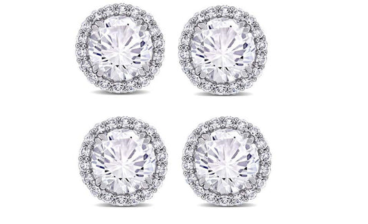18k White Gold Plated 3Ct Round White Sapphire Set of Two Halo Stud Earrings