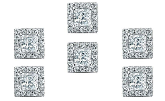 18k White Gold Plated 4Ct Princess Cut White Sapphire Set of Three Halo Stud Earrings