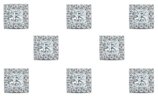 18k White Gold Plated 1Ct Princess Cut White Sapphire Set of Four Halo Stud Earrings