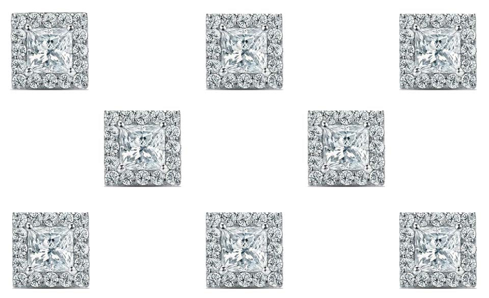 18k White Gold Plated 3Ct Princess Cut White Sapphire Set of Four Halo Stud Earrings