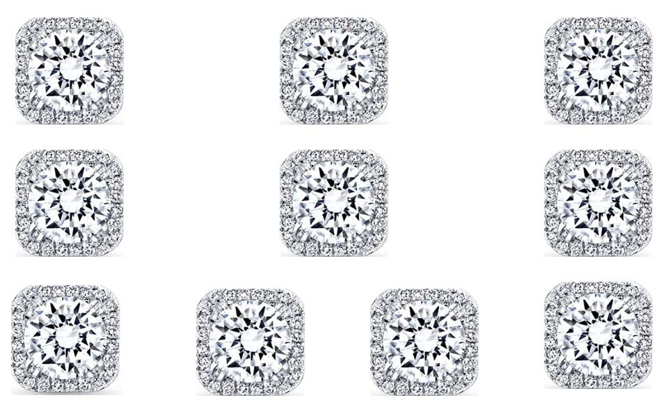 18k White Gold Plated 1Ct Square Cut White Sapphire Set of Five Halo Stud Earrings