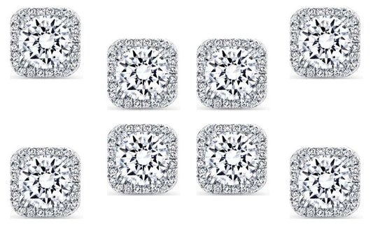 18k White Gold Plated 1Ct Square Cut White Sapphire Set of Four Halo Stud Earrings