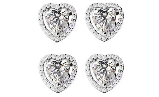 18k White Gold Plated 4Ct Heart White Sapphire Set of Two Halo Stud Earrings