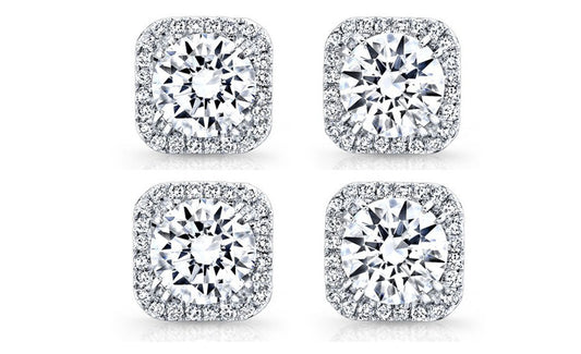 18k White Gold Plated 4mm 1Ct Square Cut White Sapphire Set of Two Halo Stud Earrings