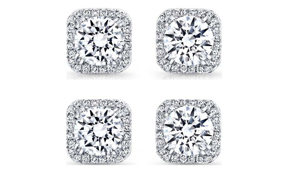 18k White Gold Plated 4mm 3Ct Square Cut White Sapphire Set of Two Halo Stud Earrings