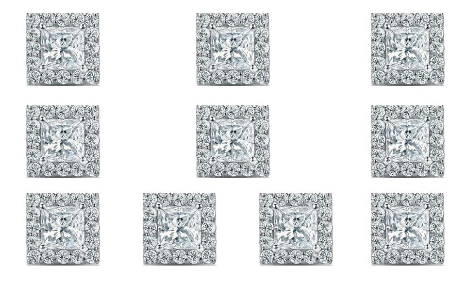18k White Gold Plated 4mm 1Ct Princess Cut White Sapphire Set of Five Halo Stud Earrings