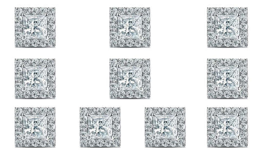 18k White Gold Plated 6mm 4Ct Princess Cut White Sapphire Set of Five Halo Stud Earrings