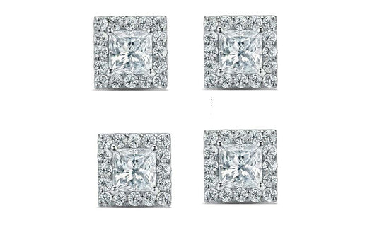 18k White Gold Plated 6mm 1/2Ct Princess Cut White Sapphire Set of Two Halo Stud Earrings