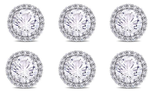 18k White Gold Plated 6mm 1/2Ct Round White Sapphire Set of Three Halo Stud Earrings