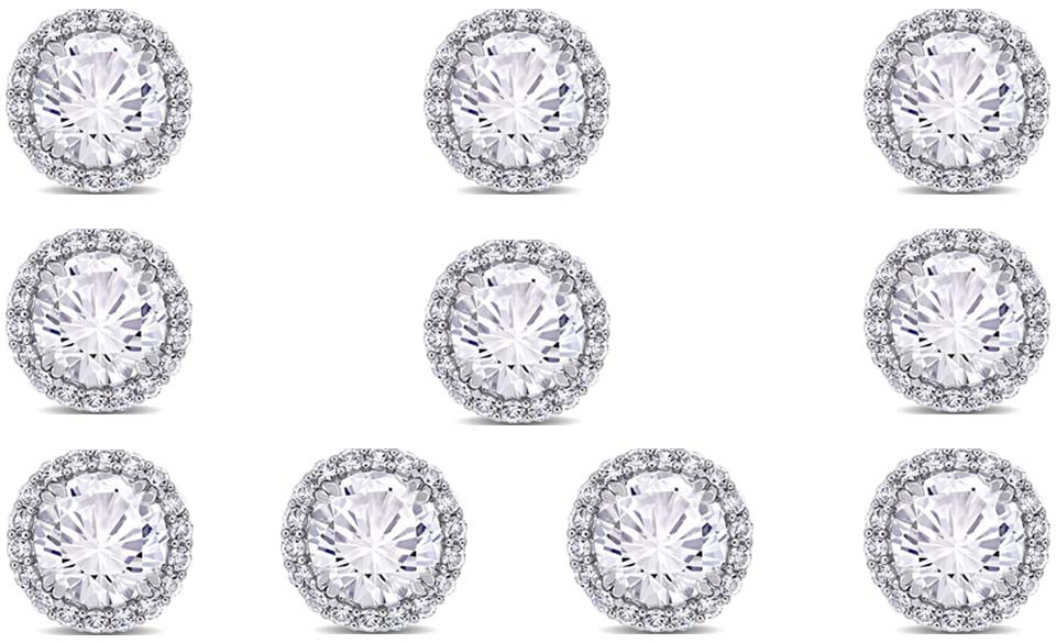 18k White Gold Plated 6mm 3Ct Round White Sapphire Set Of Five Halo Stud Earrings
