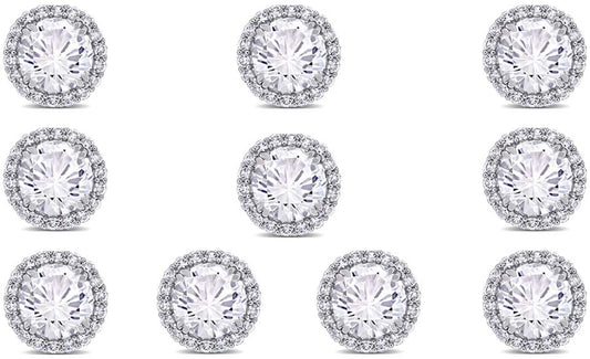 18k White Gold Plated 4mm 1/2Ct Round White Sapphire Set Of Five Halo Stud Earrings