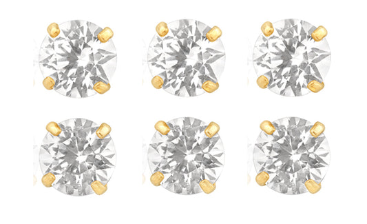 18k Yellow Gold Plated 6mm 1/2Ct Round White Sapphire Set Of Three Stud Earrings