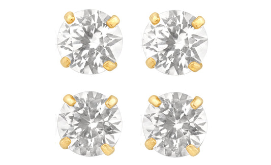 18k Yellow Gold Plated 6mm 4Ct Round White Sapphire Set Of Two Stud Earrings