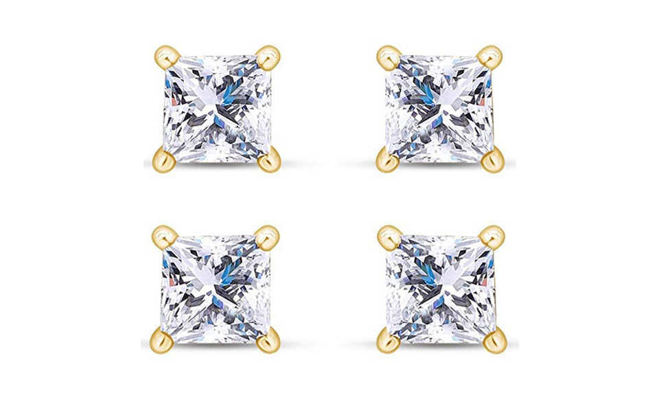 18k Yellow Gold Plated 6mm 4Ct Princess Cut White Sapphire Set Of Two Stud Earrings