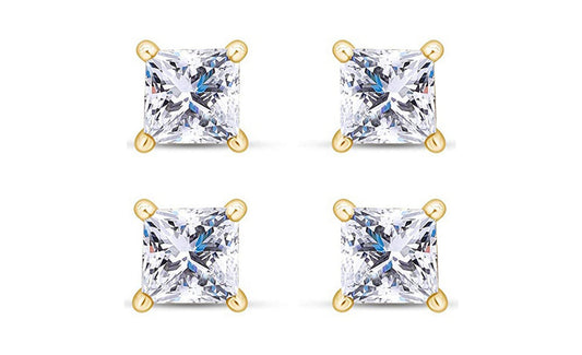 18k Yellow Gold Plated 6mm 4Ct Princess Cut White Sapphire Set Of Two Stud Earrings