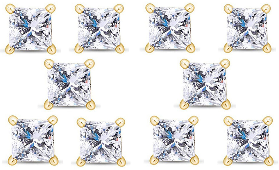 18k Yellow Gold Plated 3Ct Princess Cut White Sapphire Set Of Five Stud Earrings