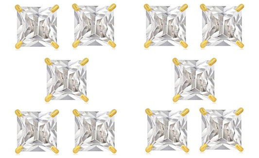 18k Yellow Gold Plated 6mm 2Ct Square Cut White Sapphire Set Of Five Stud Earrings