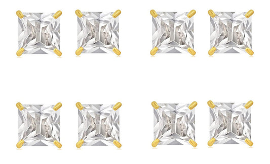 18k Yellow Gold Plated 6mm 3Ct Square Cut White Sapphire Set Of Four Stud Earrings