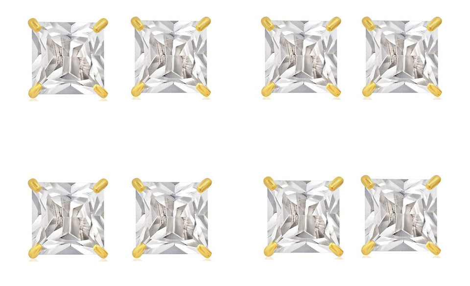 18k Yellow Gold Plated 1Ct Square Cut White Sapphire Set Of Four Stud Earrings