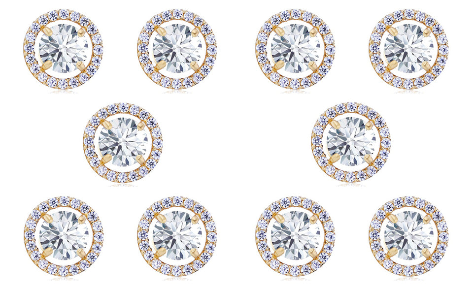 18k Yellow Gold Plated 4mm 1Ct Round White Sapphire Set Of Five Halo Stud Earrings