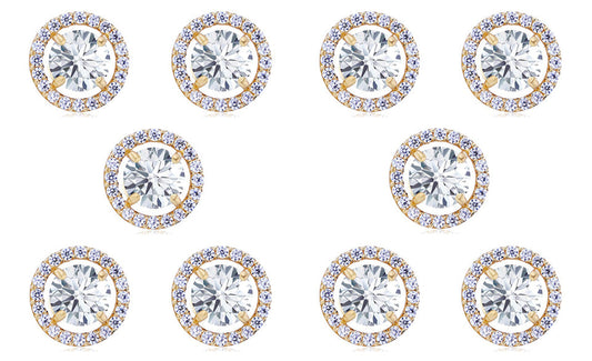 18k Yellow Gold Plated 4mm 1/2Ct Round White Sapphire Set Of Five Halo Stud Earrings