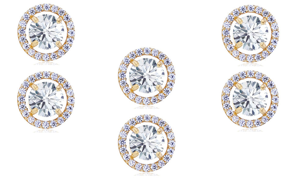 18k Yellow Gold Plated 4mm 1Ct Round White Sapphire Set of Three Halo Stud Earrings