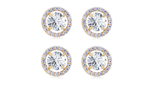 18k Yellow Gold Plated 4mm 2Ct Round White Sapphire Set of Two Halo Stud Earrings