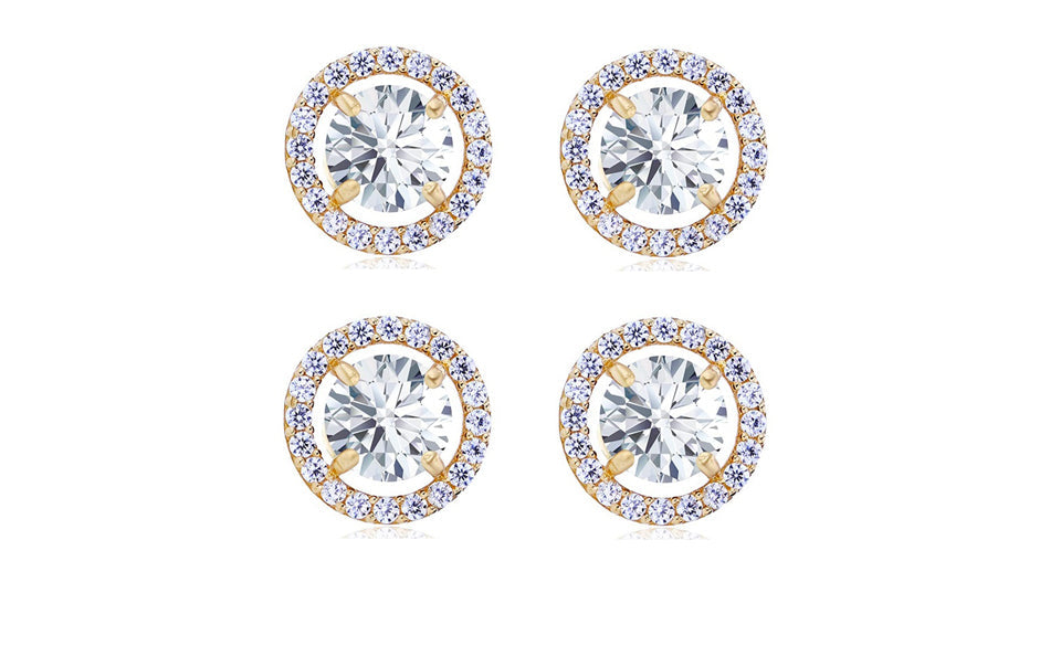 18k Yellow Gold Plated 6mm 1/2Ct Round White Sapphire Set of Two Halo Stud Earrings