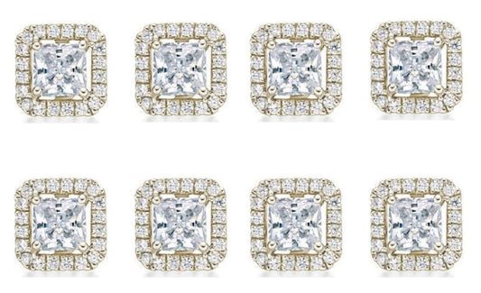 18k Yellow Gold Plated 6mm 2Ct Princess Cut White Sapphire Set of Four Halo Stud Earrings
