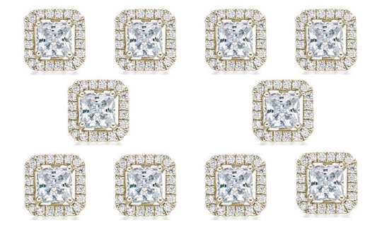 18k Yellow Gold Plated 2Ct Princess Cut White Sapphire Set of Five Halo Stud Earrings