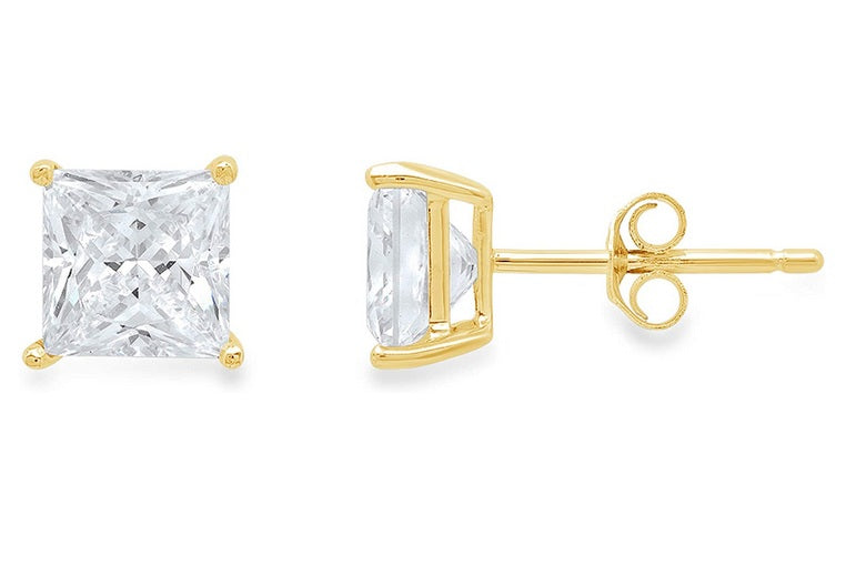 18k Yellow Gold Plated Created White Sapphire 2 Carat Princess Cut Stud Earrings