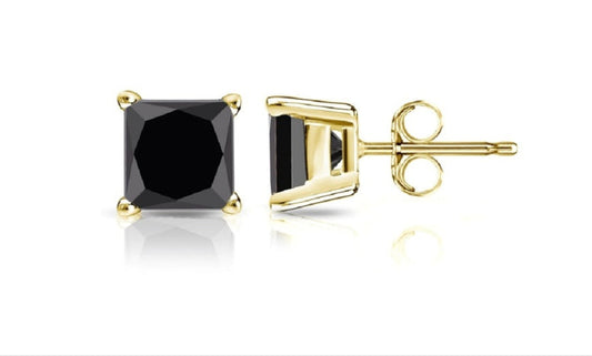 18k Yellow Gold Plated Created Black Sapphire 3 Carat Princess Cut Stud Earrings