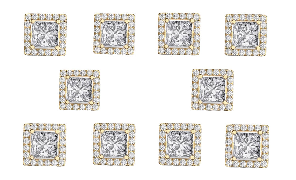 18k Yellow Gold Plated 4mm 1/2Ct Square Cut White Sapphire Set of Five Halo Stud Earrings