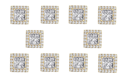 18k Yellow Gold Plated 2Ct Square Cut White Sapphire Set of Five Halo Stud Earrings