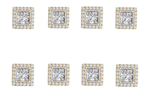 18k Yellow Gold Plated 3Ct Square Cut White Sapphire Set of Four Halo Stud Earrings