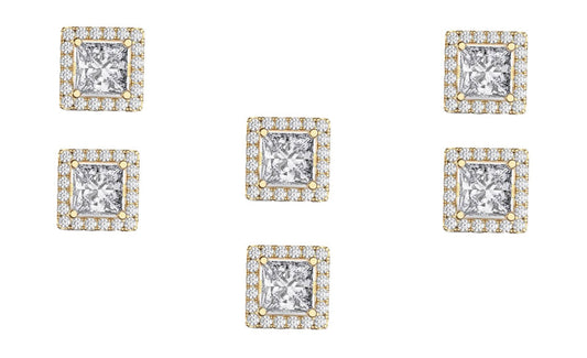 18k Yellow Gold Plated 3Ct Square Cut White Sapphire Set of Three Halo Stud Earrings