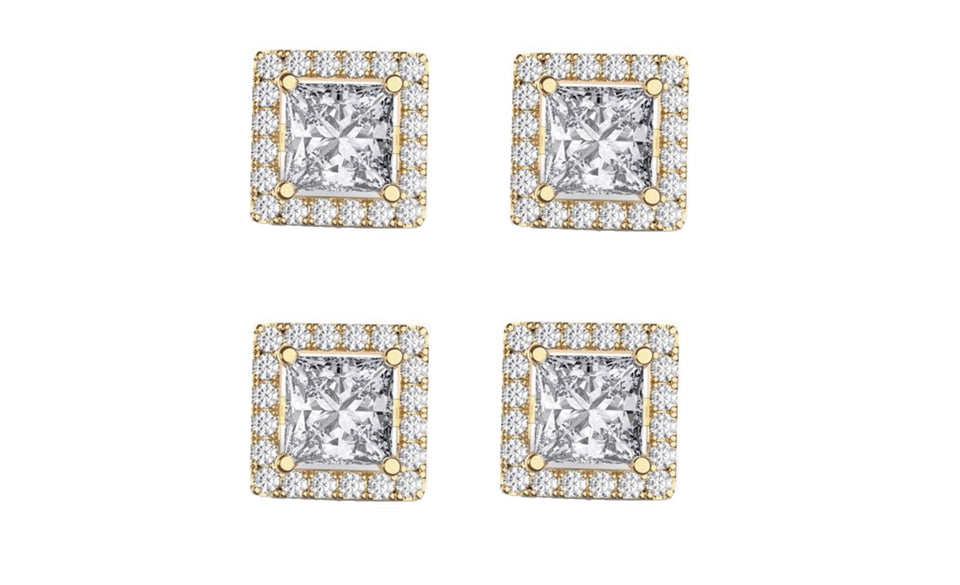 18k Yellow Gold Plated 6mm 1/2Ct Square Cut White Sapphire Set of Two Halo Stud Earrings