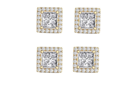 18k Yellow Gold Plated 6mm 4Ct Square Cut White Sapphire Set of Two Halo Stud Earrings