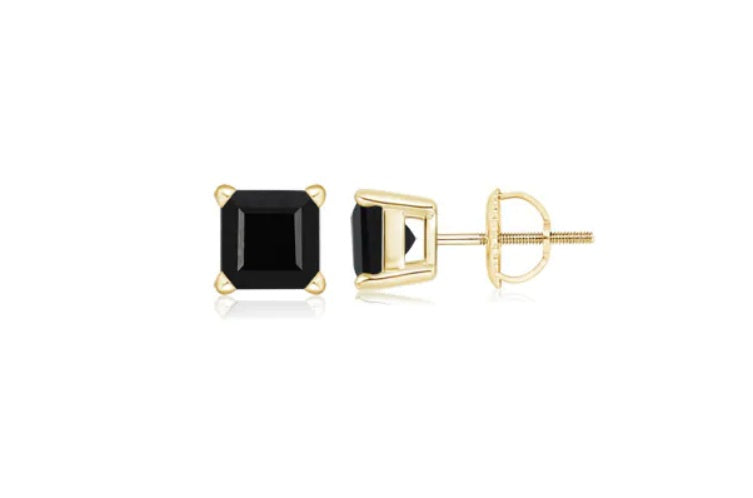 18k Yellow Gold Plated Created Black Sapphire 4 Carat Square Cut Stud Earrings