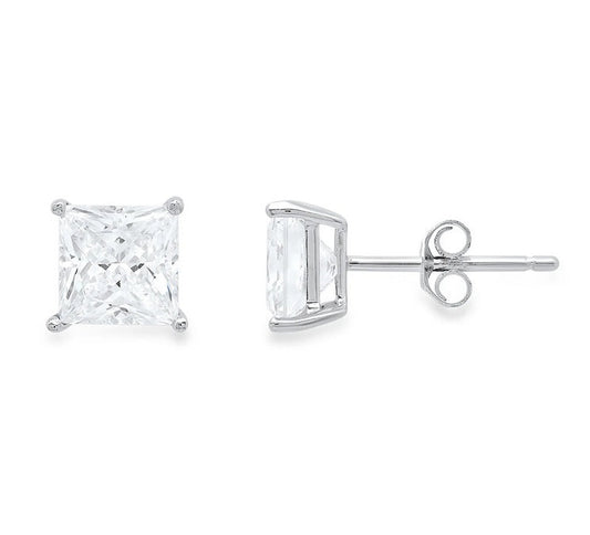 18k White Gold Plated Created White Sapphire 3Ct Princess Cut Stud Earrings