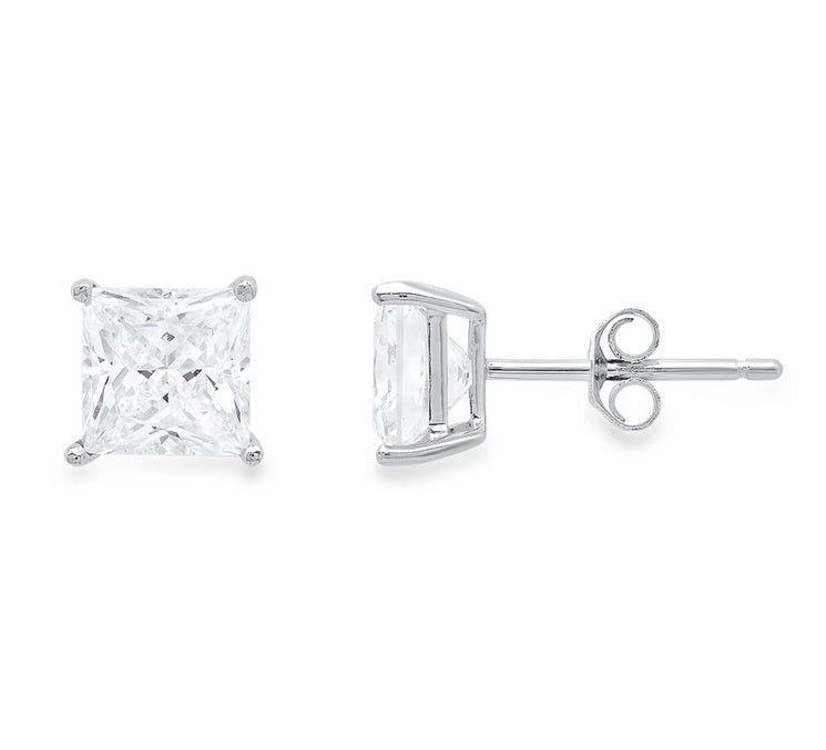 18k White Gold Plated Created White Sapphire 1/2Ct Princess Cut Stud Earrings