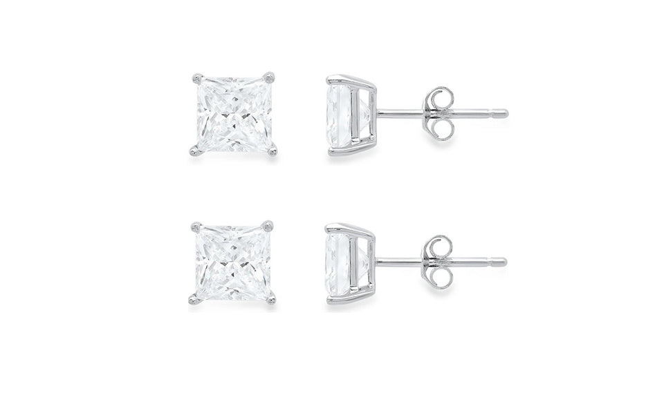 18k White Gold Plated Created White Sapphire 1Ct Princess Cut Set Of Two Stud Earrings
