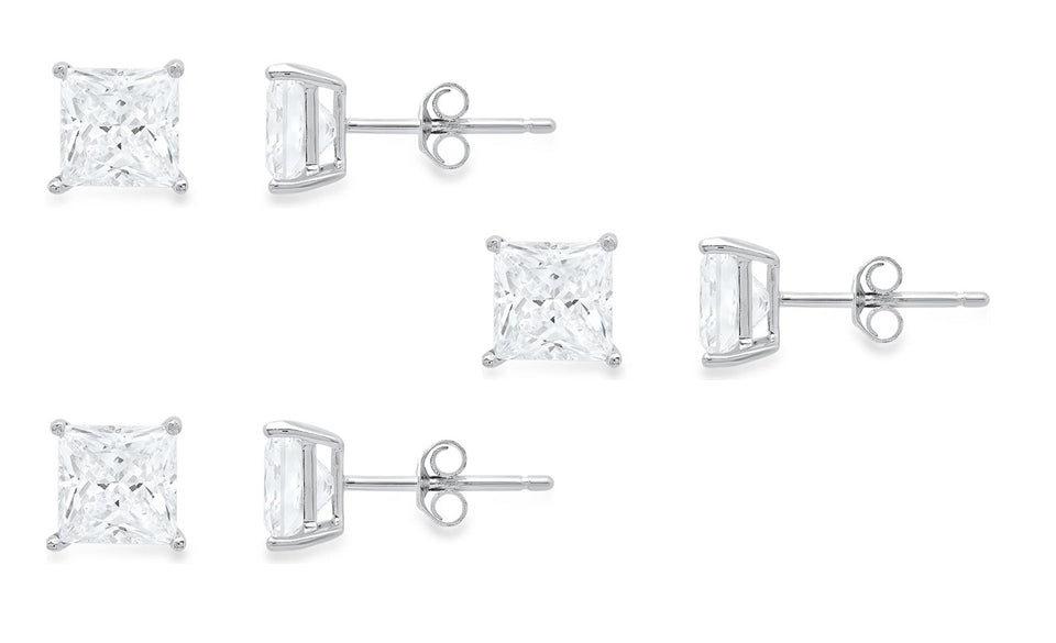 18k White Gold Plated Created White Sapphire 1Ct Princess Cut Set Of Three Stud Earrings