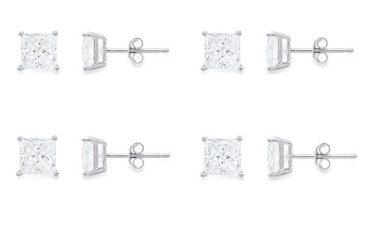 18k White Gold Plated Created White Sapphire 1/2Ct Princess Cut Set Of Four Stud Earrings