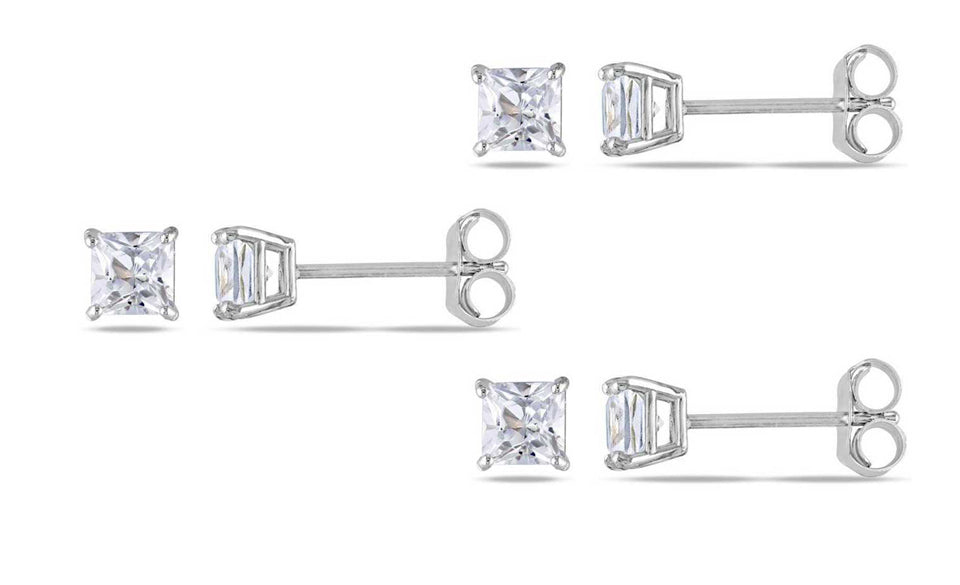 18k White Gold Plated Created White Sapphire 3Ct Square Cut Set of Three Stud Earrings